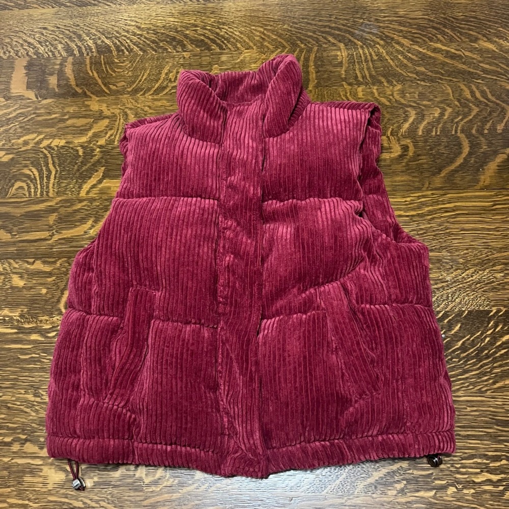 7 For All Mankind Puffer Vest Womens Size Burgundy Red Corduroy Zip Up Pockets